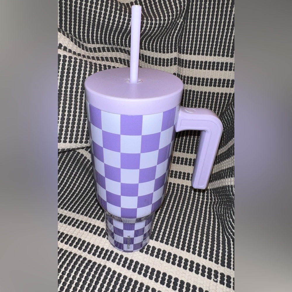 Purple Checkered Tumbler with Straw